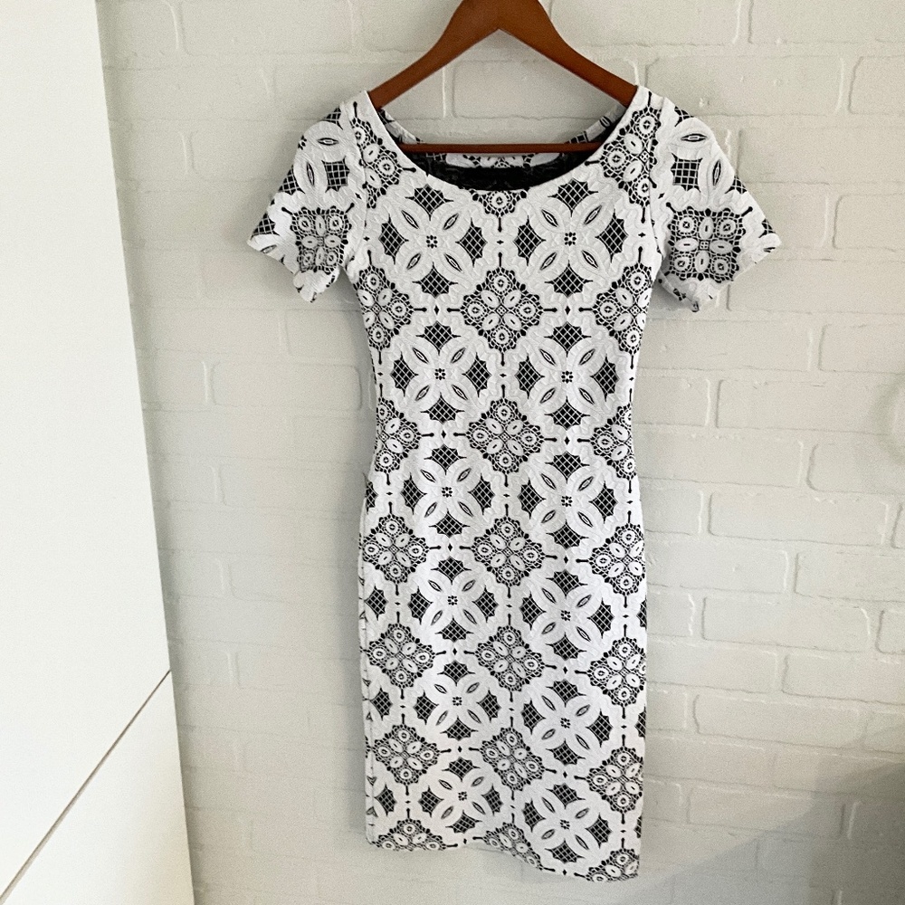 White & Black Floral Lace-Pattern Mini Dress